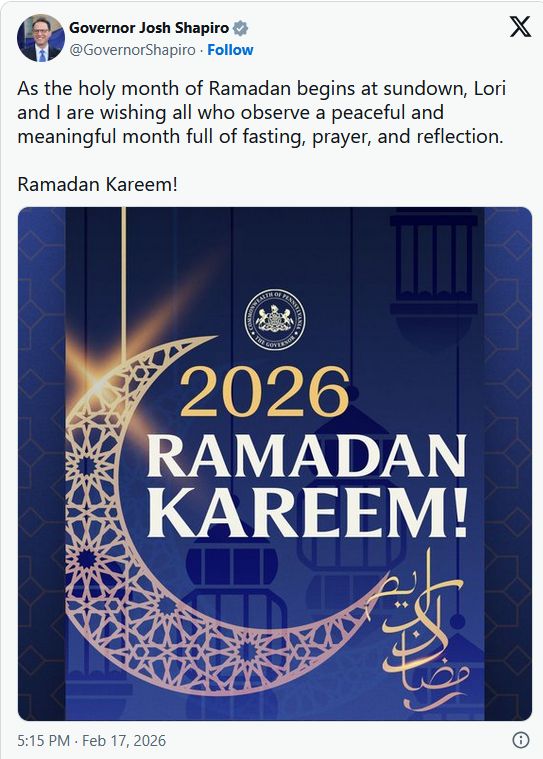 GOP412's tweet photo. No time for Catholics: @GovernorShapiro official X account recognizes Ramadan, Lunar New Year &amp; 'FastnachtDay' ... but nothing on #AshWednesday and start of Lent. #DoubleStandard #Ashtag https://t.co/Ped8tqt9QT