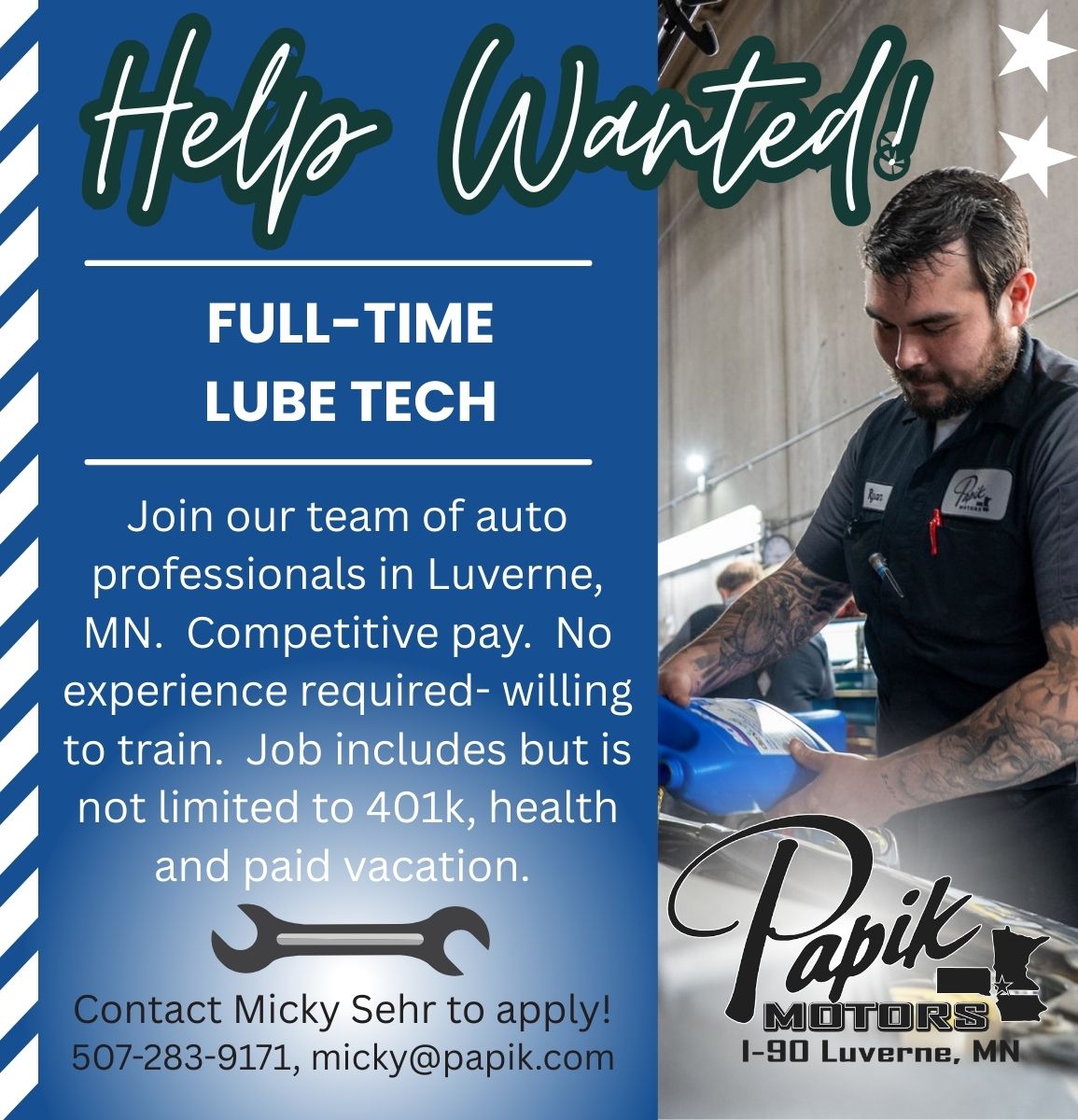 papikmotors's tweet image. 🔧We are hiring!  Do you know of anyone interested in a position as a full time lube tech?  Apply today!
#HelpWanted #LubeTech #PapikMotors #luvernemn #joinourteamtoday
