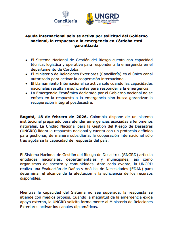 CancilleriaCol's tweet image. Ayuda internacional solo se activa por solicitud del Gobierno nacional, la respuesta a la emergencia en Córdoba está garantizada 👇