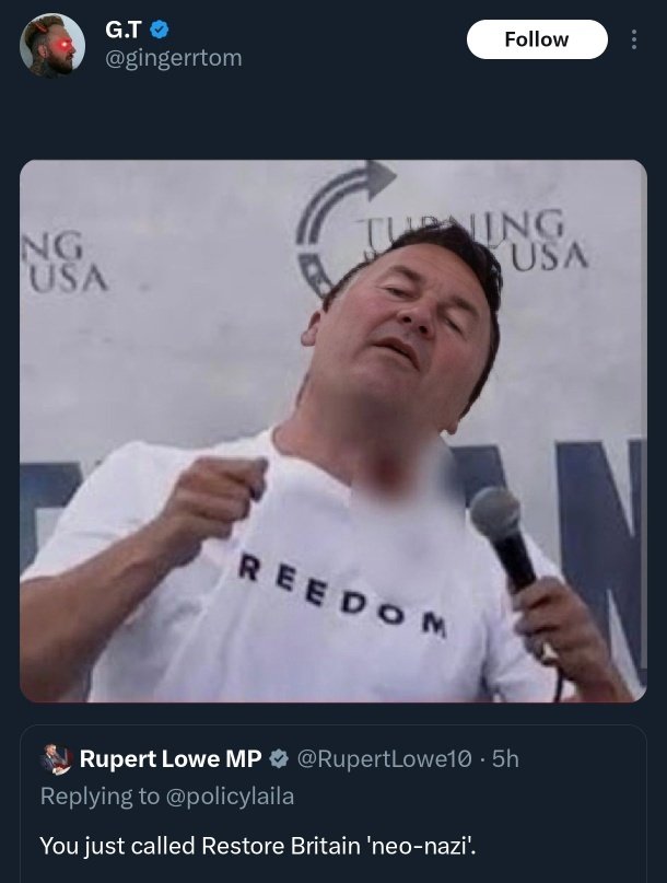 Thomas Jordan of Cheriton, near Folkestone, who reported me to the police for allegedly putting stickers on a lampost has sent a death threat to Rupert Lowe. I hear multiple people have reported him for incitement.

I hope he enjoys prison.

archive.is/IPUpu