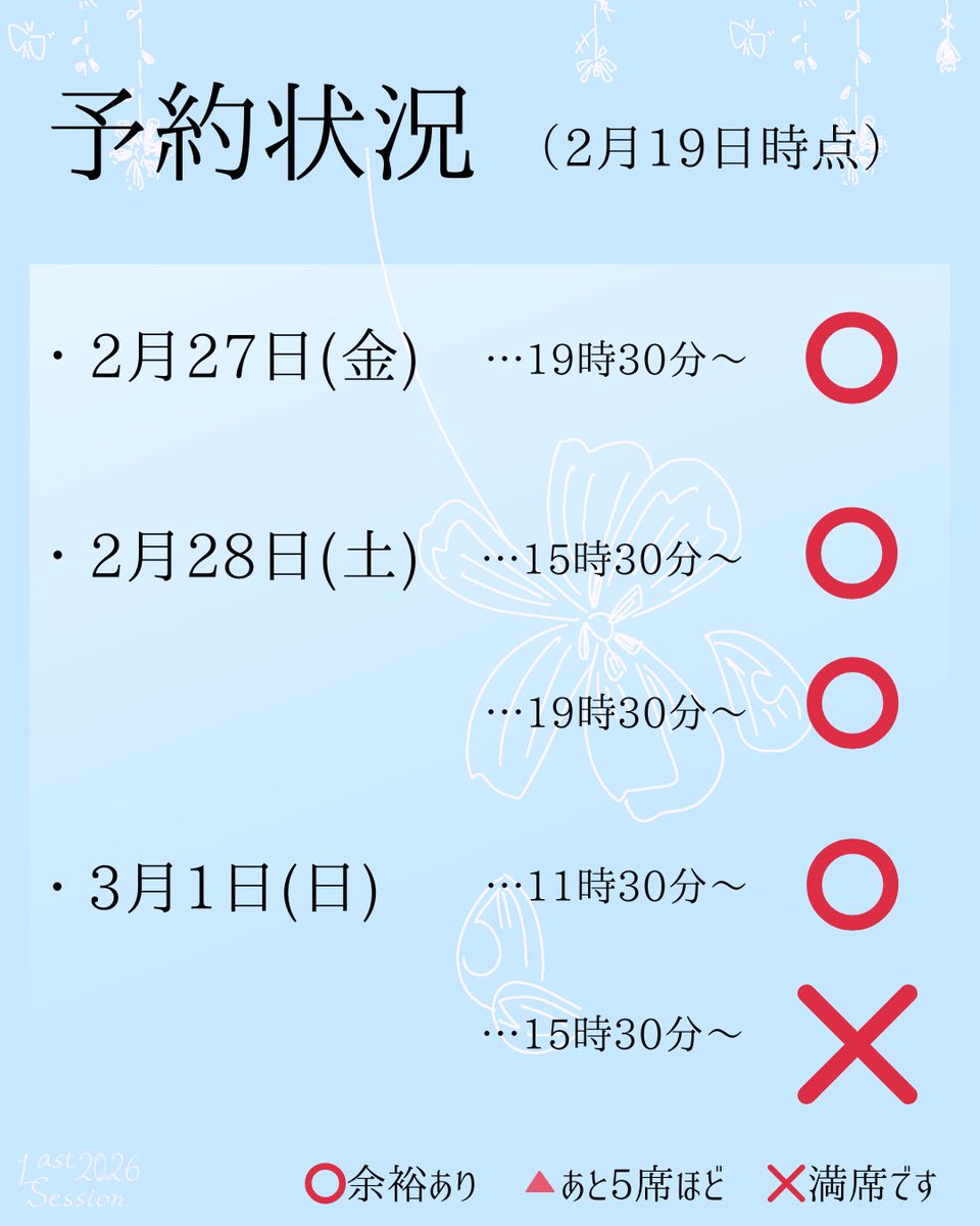 千穐楽のお席が満席となりました！予約いただきありがとうございます！その他の回も少なくなっておりますので、そちらもよろしくお願いいたします！
#Last2026 #サンカヨウの式日
#花が散ったその先に