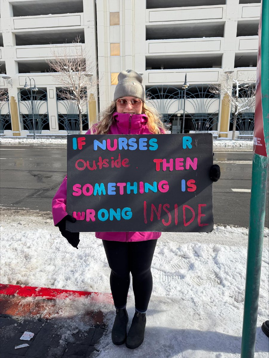 NationalNurses's tweet photo. Today, Reno nurses are making their voices heard on the strike line. ✊📢

Management has refused to move on the issues that matter most: Safe staffing, patient safety, and retaining experienced nurses. It's time to put patients over profits! #RNStrike https://t.co/vpPPbhNUFc