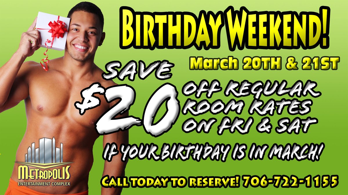 MetropolisAug's tweet image. Got a March birthday? 🎉

Come celebrate with us at The Metropolis Complex!

Enjoy $20 off on Friday, March 20th and $20 off on Saturday, March 21st as our gift to you.

We’ve got the cake  you bring the icing. 🍰✨Call to reserve ☎️706-722-1155!

#GayTravel #MetropolisComplex 🏳️‍🌈