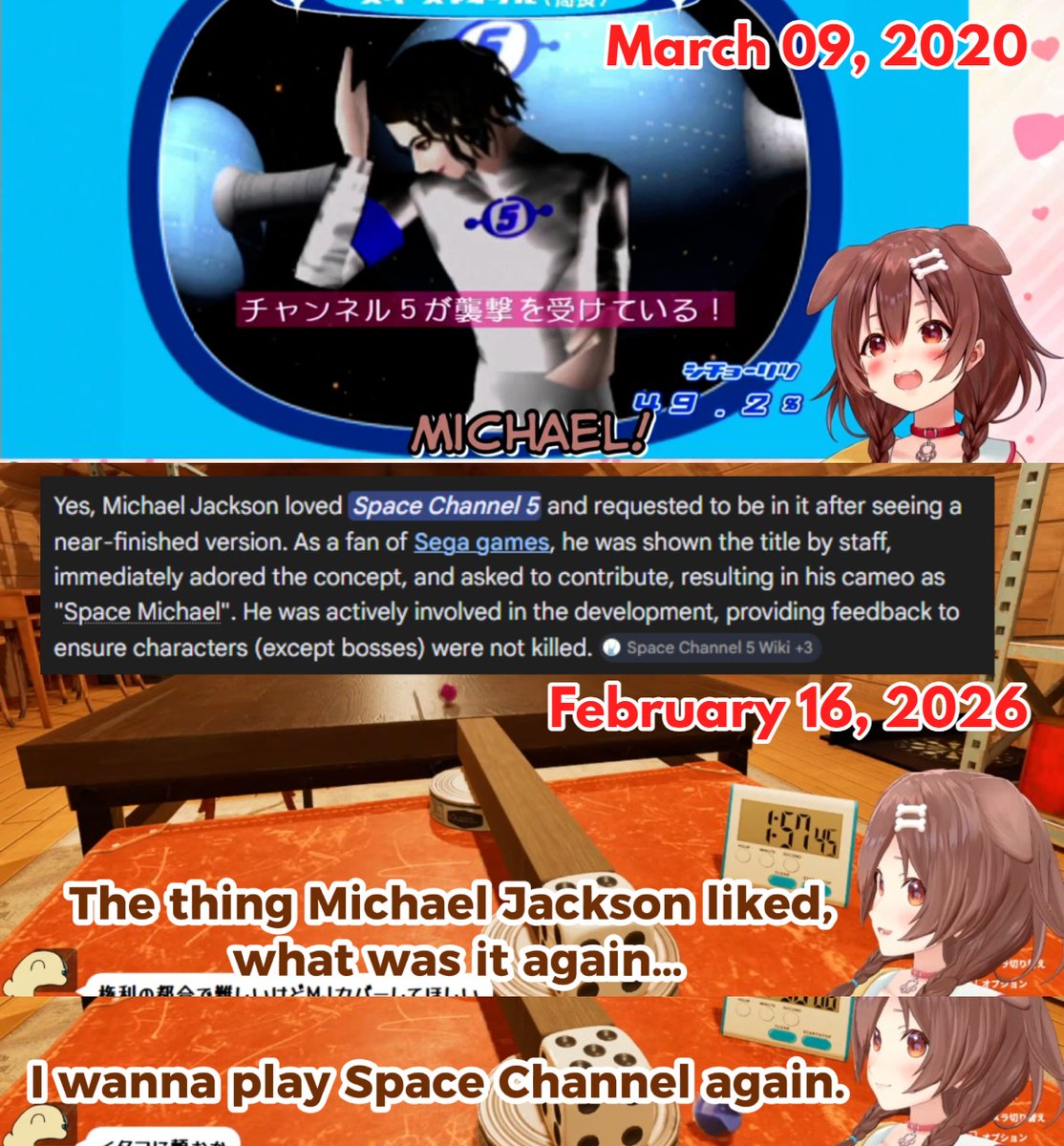 Korone being a fan of Micheal Jackson
> looking forward to the new MJ movie
> knows that MJ loved to be in Space Channel
> In 2020 Korone played Space Channel &amp; fangirls over MJ
> she collabed with Space Channel VR with the dance entry alongside Ulala (main character of the