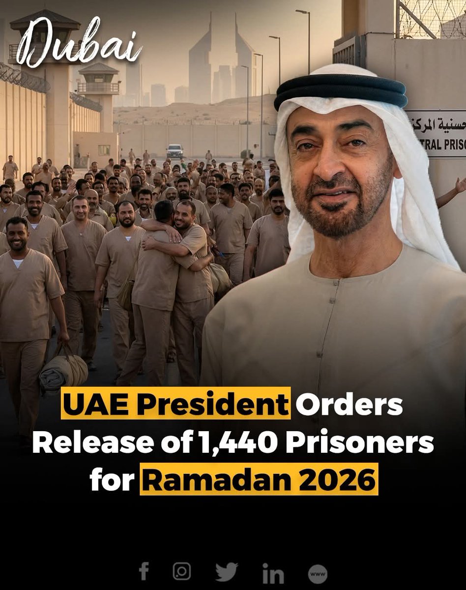 His Highness Sheikh Mohammed bin Zayed Al Nahyan, President of the UAE, has ordered the release of 1440 prisoners on the occasion of the arrival of the holy month of Ramadan. This order is exemplary and a great example of generosity.