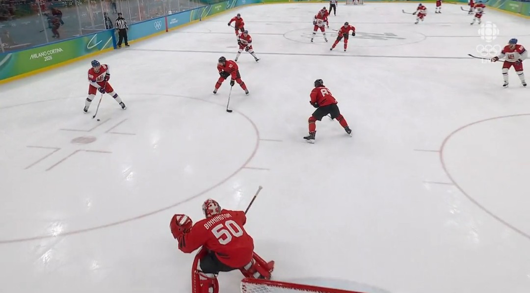 peigolfer's tweet photo. The number of the day is 8... 8 Czechia players on the ice when they scored their third goal. 6 close to the play, and two more headed to the bench #Olympics2026 https://t.co/wiCIedm4Ww