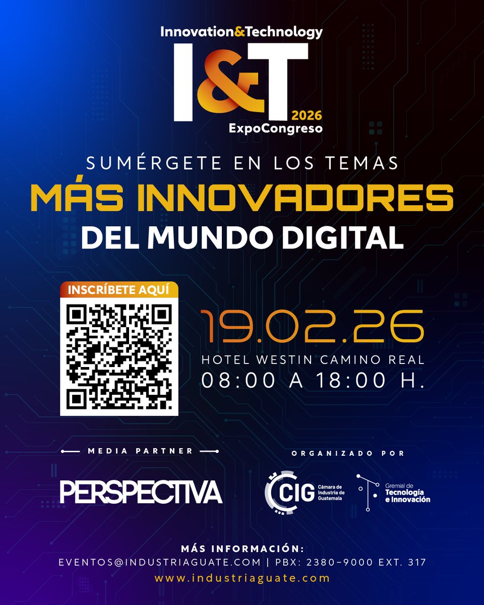 En febrero, llega el ExpoCongreso Innovation &amp; Technology 2026, un espacio diseñado para descubrir tendencias, nuevas herramientas y oportunidades que impulsan el crecimiento empresarial.

Adquiere tus entradas:
Conferencias: eventos.industriaguate.com/inscripcion/20…

#IT #Innovación #Tecnología