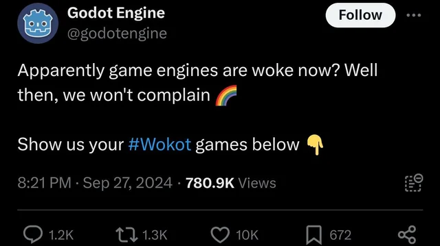 over a year later. #ChudTwitter still insists 10,000 development hours was lost from this post alone. "just work on the engine guys" deemed by educated chuddites to be typed by orwell's ghost. non-woke "redot" engine fighting the battle with 40 ai-generated itch․io submissions