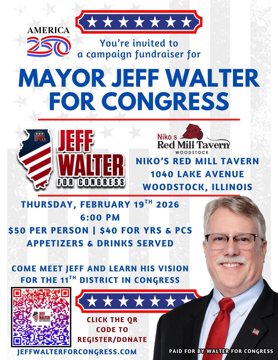 The campaign is building momentum, and tomorrow is a great opportunity to be part of it! Join us for a campaign fundraiser for Mayor Jeff Walter for Congress and spend the evening meeting Jeff and hearing his vision for the 11th Congressional District.

📍 <a href="/nikosredmilltav/">Niko's Red Mill</a> 
1040