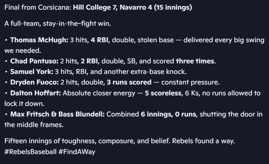 MK51Baseball's tweet photo. Check out the @HCRebelBaseball game recap from their 15-inning battle with Navarro. https://t.co/iOBHr0K6cp