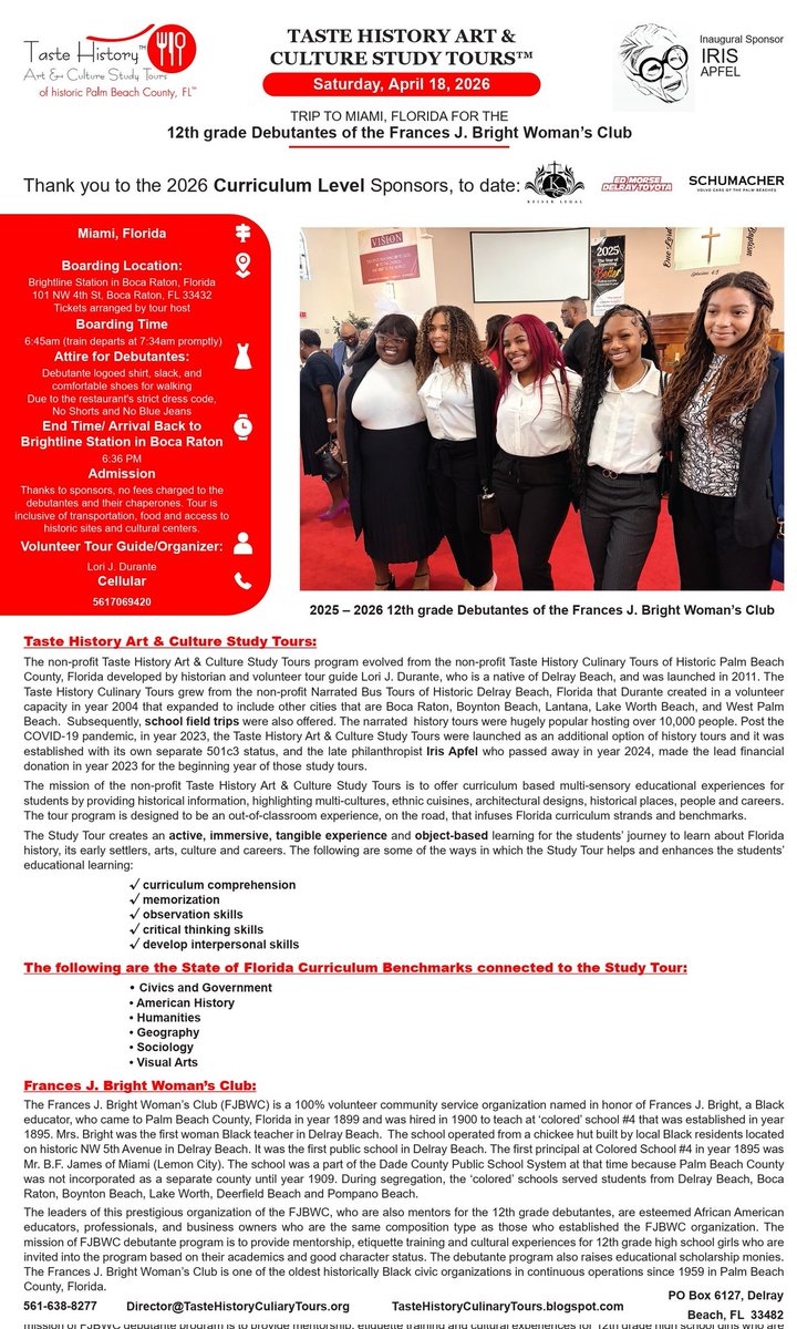 We are very grateful for #keiserlegal in #delraybeach for their sponsorship of the Taste History Art &amp; Culture Study Tour for the 12th grade girls in the debutante mentorship program of the <a href="/FJBWomansClub/">FrancesJBrightWomansClub</a>.  Students will have a transformative experience. <a href="/GoBrightline/">Brightline</a> #florida