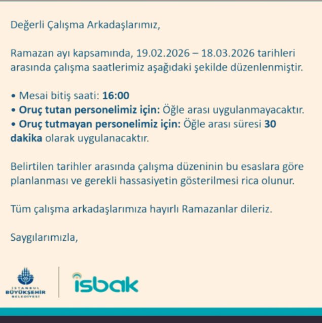 🔴İBB'den oruç tutanlara ceza!

İBB'ye bağlı İsbak yönetimi, Ramazan'da uygulanacak çalışma düzeni kapsamında, oruç tutan çalışanların öğle arası molasını iptal etti.

#11AyınSultanı