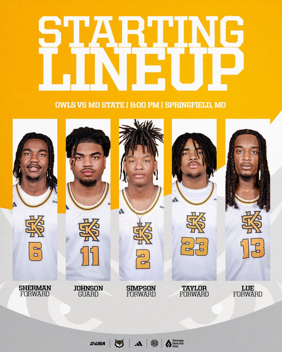 KSUOWLSMBB's tweet image. Tonight’s starting lineup‼️

🆚 | Missouri State
⏰ | 8 pm
🖥️ | ESPN+ ➡️ tinyurl.com/5n8ncjpe
📊 | tinyurl.com/59925833

#SOLID | #HootyHoo 🦉🏀