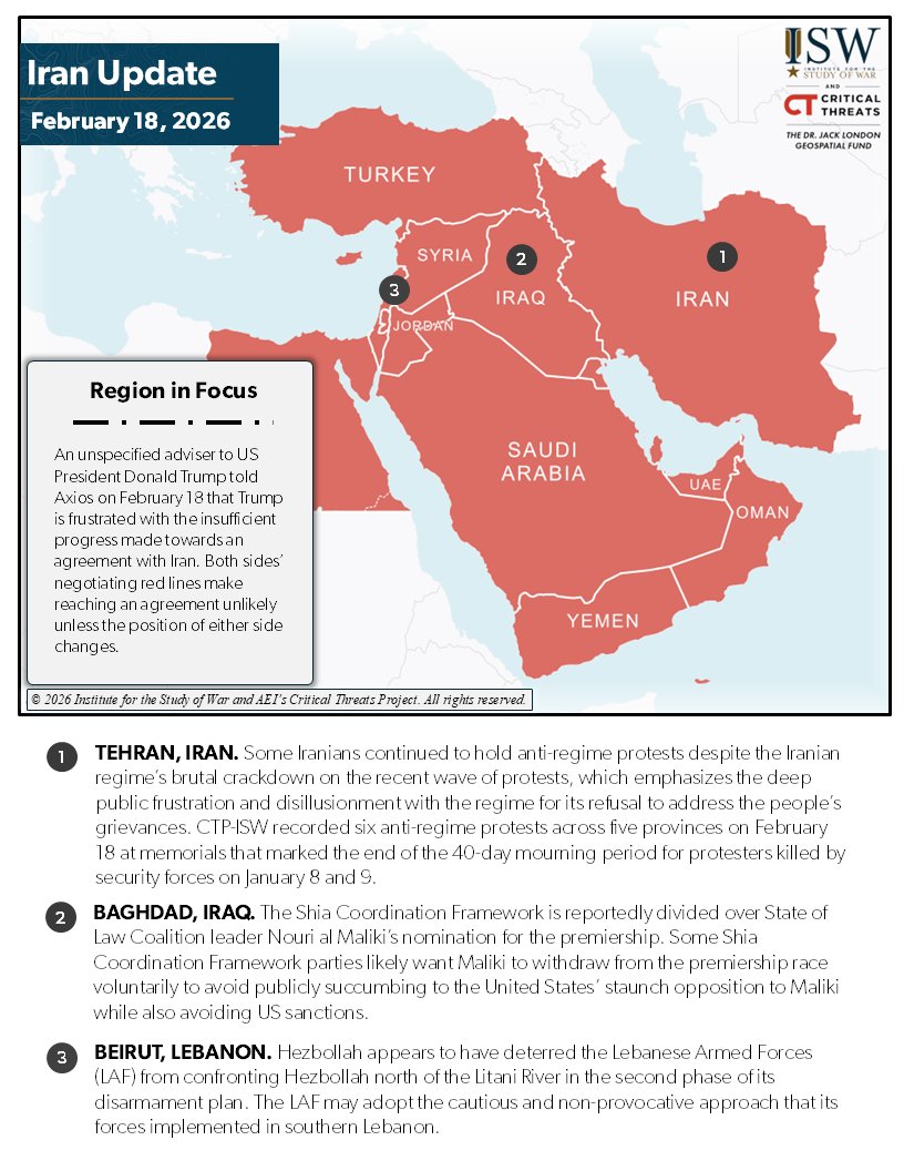 TheStudyofWar's tweet image. NEW: An unspecified adviser to US President Donald Trump told Axios on February 18 that Trump is frustrated with the insufficient progress made towards an agreement with Iran. CTP-ISW continues to assess that both sides’ negotiating red lines make reaching an agreement unlikely