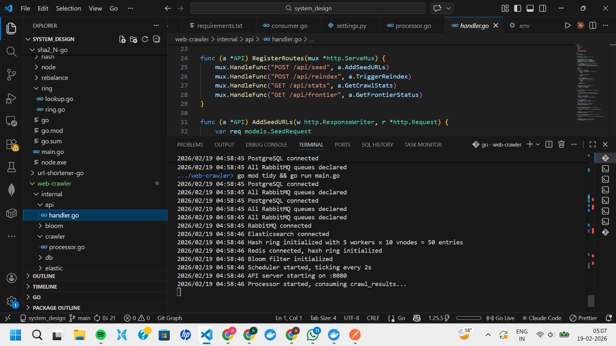 AneeshAhuja3112's tweet photo. Just built a distributed web crawler using golang and scrapy.
->SHA-256 ring on redis to route domains to 5 workers
->bloom filter for deduplication
->RabbitMQ per-worker queues
->Elasticsearch for indexing of crawled page
check it out: https://t.co/KuR2BOOuxE
@arpit_bhayani https://t.co/5QV33cMJRF
