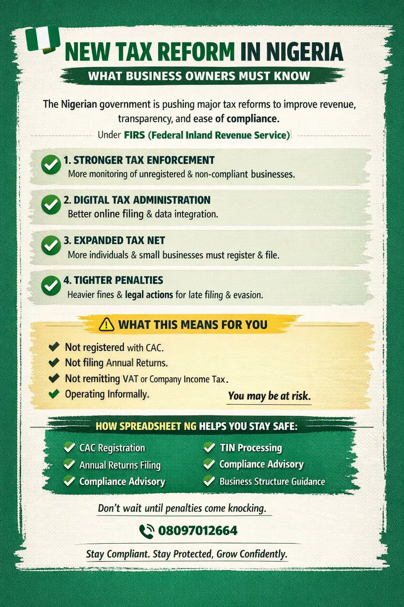 SpreadsheetNG's tweet photo. NEW TAX REFORM IN NIGERIA – WHAT BUSINESS OWNERS MUST KNOW...

Don’t wait until penalties come knocking.

Stay compliant. Stay protected. Grow confidently.

Contact us today via DM or https://t.co/d3PGatkovJ

#SpreadsheetNigeria  #cacregistration #spreadsheetng https://t.co/CLuP55PobL