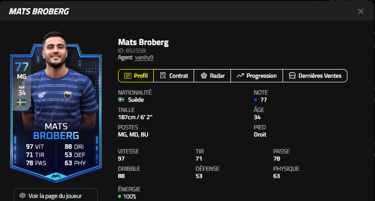 ⚡️ Mats Broberg — l’un des joueurs les plus rapides du jeu 🚀 et exemple de longévité !

À 34 ans, il a encore minimum 4 saisons sur les terrains, dont au moins 1 à 100% de condition. Fiable, explosif, toujours décisif.

La saison parfaite au MFC Belgium ? 🇧🇪💙

#MFL <a href="/playMFL/">MFL</a>