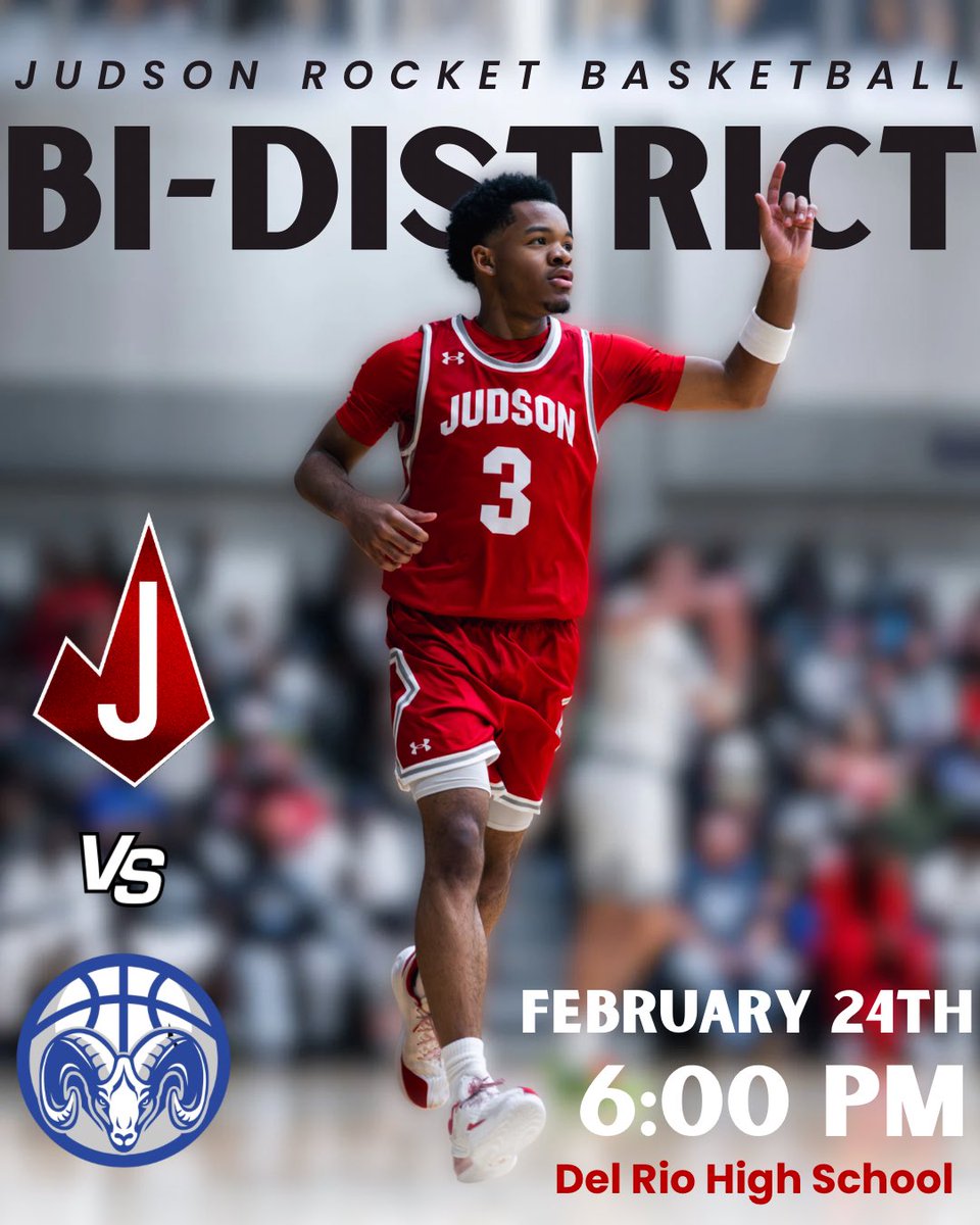 JudsonHoops1's tweet photo. *PLAYOFF INFORMATION*

🚨Bi-District Championship🚨 

📅 February 24, 2026

🆚 Del Rio Rams🐏 

⏰ 6:00 PM

📍Del Rio High School

Post season time is here!  Your Judson Rockets will start their playoff journey next Tuesday against Del Rio for the Bi-District Championship!🚀 #WTO https://t.co/EPWGCmRaUN