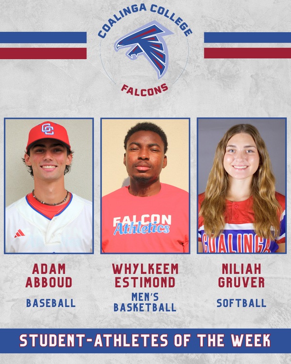 CoalingaFalcons's tweet photo. We would like to congratulate its Student-Athletes of the Week:

Adam Abboud, Baseball (Soph, Pitcher, Diamond Bar HS/Diamond Bar, CA)

Whylkeem Estimond, Basketball (Frosh, Forward, Golden Gate HS/Golden Gate, FL)

Niliah Gruver, Softball (Soph, Catcher, Clovis West HS/Clovis) https://t.co/E5f4HEkugc