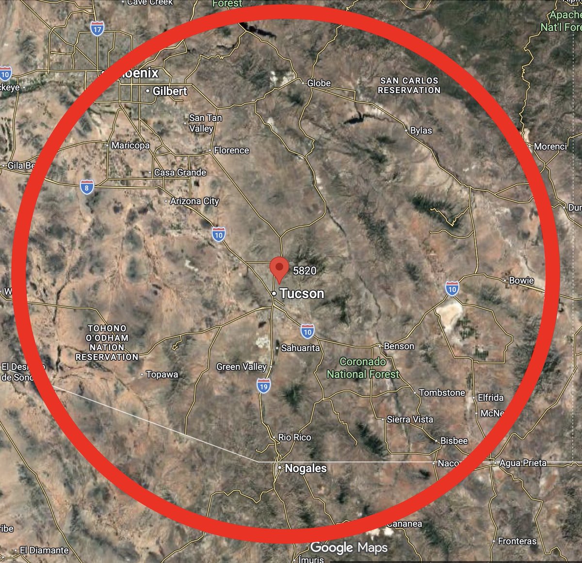 ⚠️IMPORTANT THEORY⚠️
Based on the time that #NancyGuthrie  was most likely removed from her home (2:30-3:00 am local Tucson time), I believe Nancy was hidden or her body was disposed of within 2 hours drive, within the circled area, before twilight (apx 5:40am) on Sunday,
