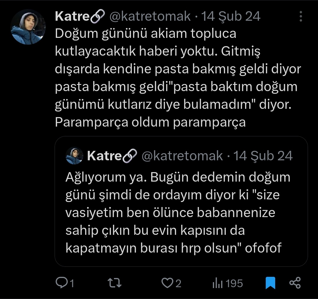 katretomak's tweet photo. Canım dedem bu sene kutladık yine doğum gününü çok da mutluydun ama sonra seni sağ salim görmek nasip olmadı. Günlerdir iyi haberler gelsin diye çok dua ettik. Seni çok seviyorum mekanın cennet olsun. https://t.co/T9WmIP1cvw