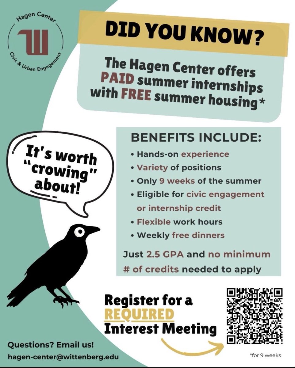 WittenbergHSS's tweet photo. Scan the QR code to register for a required Interest Meeting!  
And check out the list of positions by going to Hagen Center Civic Internship Program | Wittenberg University https://t.co/PMISAUqRqd