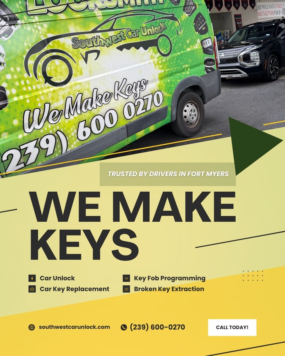 southwestcar's tweet image. We make keys 🔑 Fast mobile OEM car key replacement in Fort Myers &amp;amp; Lehigh Acres. Trusted Locksmith green truck Lehigh. Damage-free unlock &amp;amp; key fob programming. 📞 (239) 600-0270 #LocksmithNearMe #LocksmithLehighAcresFL #CarKeyReplacement