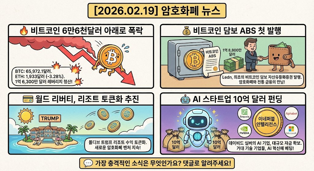 biojuho's tweet image. [2026.02.19] Crypto 뉴스
비트코인 폭락, 달러 공매도 봇물, AI 스타트업 펀딩 돌풍.

🔥 비트코인, 6만 6천 달러 아래로 폭락
비트코인이 6만 5,972.1달러로 하락하며 주요 암호화폐가 일제히 하락세를 보였습니다. 이더리움은 3.28% 내린 1,933달러에 거래되고 있죠. 이번 하락으로 총 1억 6,300만