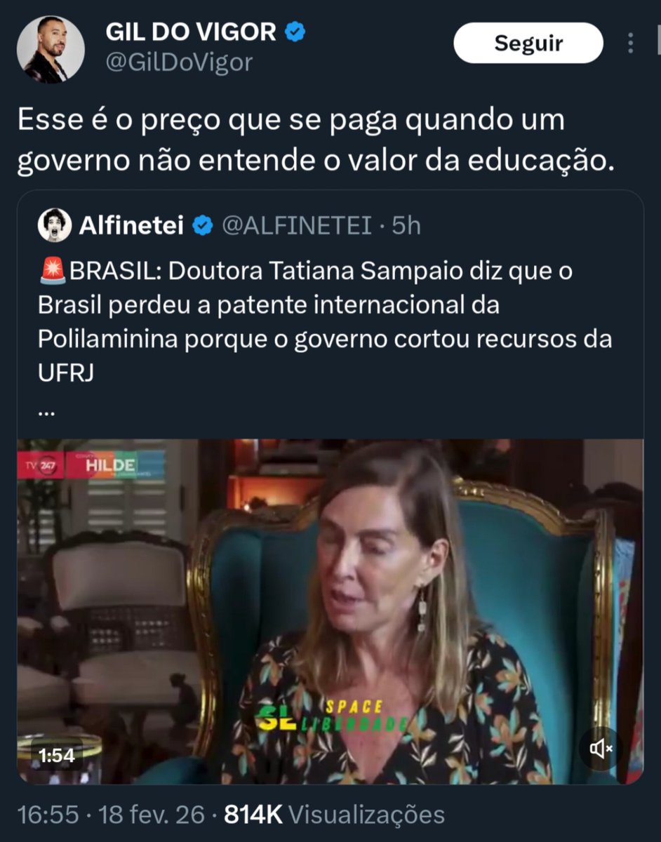 vinicios_betiol's tweet image. O Gil do Vigor compartilhou um vídeo da Alfinetei, com logo do "Space Liberdade" e usou o texto:

"Esse é o preço que se paga quando um governo não entende o valor da educação"

Todo mundo está achando que é o governo Lula, mas na verdade o fato ocorreu durante o golpe do Temer