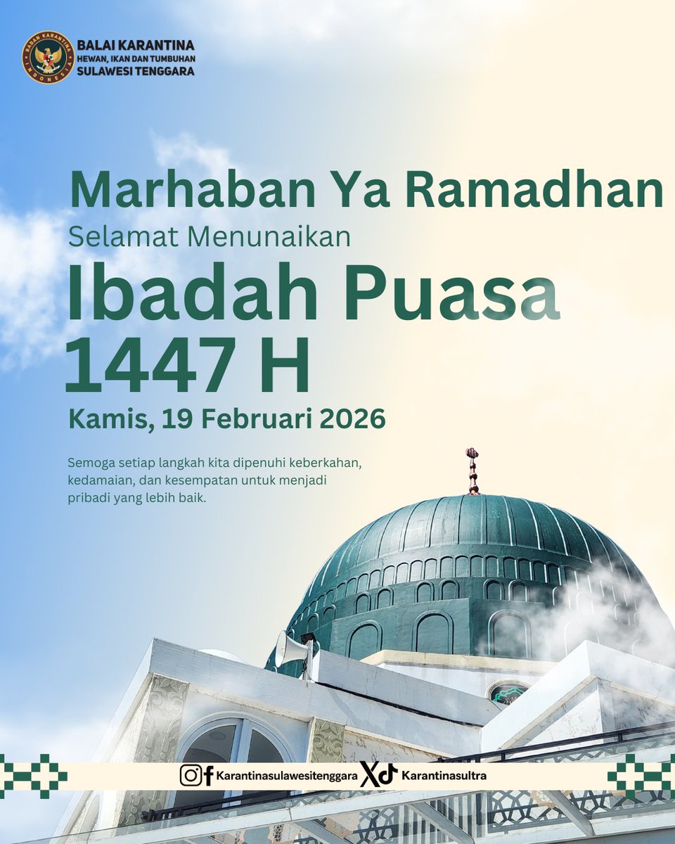 Keluarga besar Balai Karantina Hewan, Ikan dan Tumbuhan Sulawesi Tenggara mengucapkan Selamat Menunaikan Ibadah Puasa Ramadan 1447 H/ 2026 M

Mari kita jadikan bulan suci ini sebagai momentum memperkuat keimanan, meningkatkan kepedulian, dan mempererat kebersamaan.
