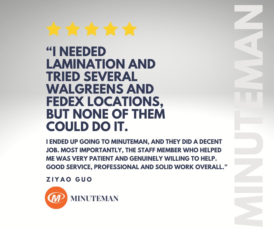 Minuteman_CU's tweet image. Thanks for choosing Minuteman, Ziyao. Have a project of your own? We design, print, and promote you! Call 217-355-0500, write minuteman@cuPrinting.com, or click on the link to request a quote. minuteman.com/us/locations/i…  
#Review #Minuteman #DesignPrintPromote #Champaign