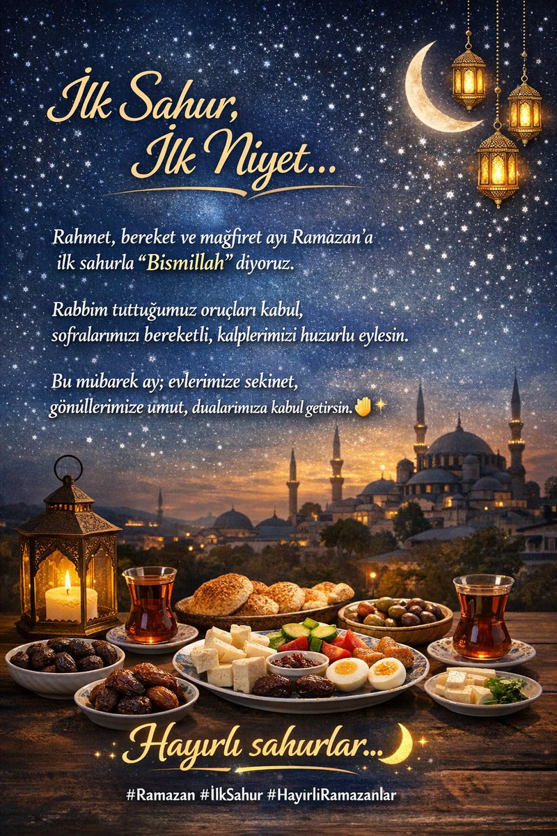 🌙 İlk Sahur, İlk Niyet…
Rahmet, bereket ve mağfiret ayı Ramazan’a ilk sahurla “Bismillah” diyoruz.
Rabbim tuttuğumuz oruçları kabul, sofralarımızı bereketli, kalplerimizi huzurlu eylesin.
Bu mübarek ay; evlerimize sekinet, gönüllerimize umut, dualarımıza kabul getirsin. 🤲✨