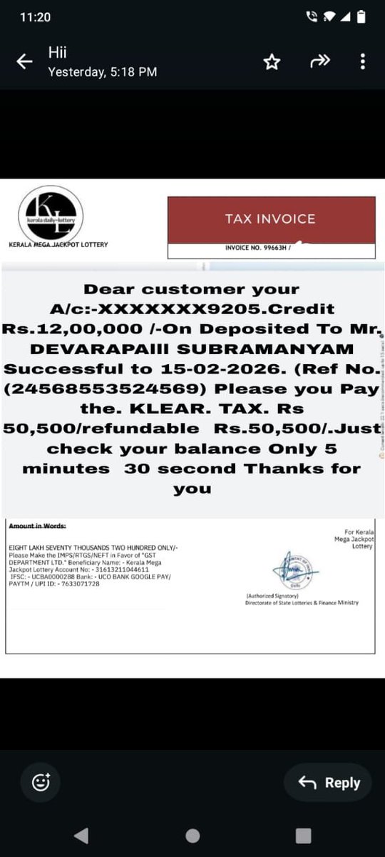 kdsklm's tweet photo. @keralapolice @CyberdomeKL
Reporting a suspected lottery scam using the name of Kerala Lottery. They are demanding ₹50,500 “tax” via UPI to release ₹12,00,000 winnings.
Screenshot attached. Kindly take action.
#KeralaPolice #CyberCrimeAlert https://t.co/8fSW8s6UZc