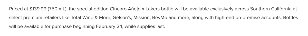 For those asking when and where you can get this special-edition Lakers Anejo Tequila - Looks like Feb. 24 at Total Wine & More, Gelson's, Mission and BevMo