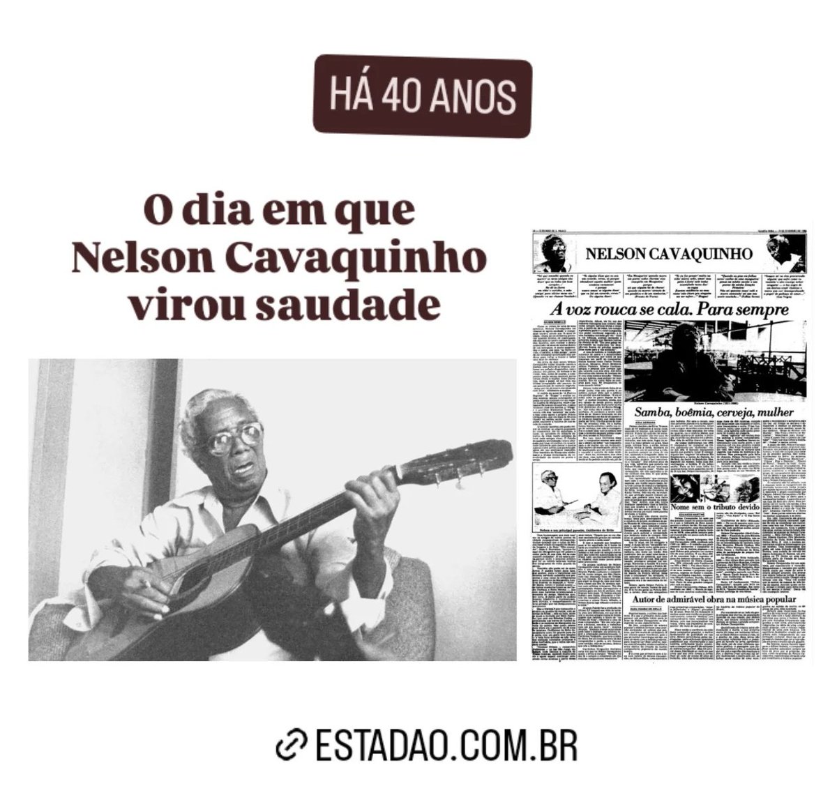 Nelson Cavaquinho: o dia em que o sambista virou saudade.  Compositor de “Folhas Secas”, “Se Alguém Disse”, “Juízo Final” e “Quando eu me chamar Saudade” morreu em 18 de fevereiro de 1986
estadao.com.br/acervo/nelson-…

#nelsoncavaquinho #samba #música