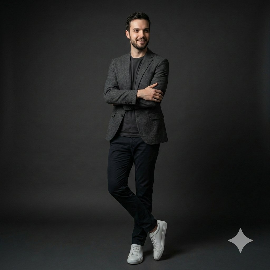 Studio photoshoot using Google Nano Banana Pro on Gemini App.

Prompt;

Photorealistic studio portrait of a man matching the reference face and proportions, standing confidently with a relaxed yet powerful posture. He wears a stylish, modern casual outfit, well-fitted