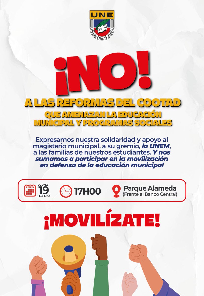 #Movilización | Desde la Unión Nacional de Educadores (UNE) decimos NO a las reformas que afectan la educación municipal y los programas sociales.

Expresamos nuestro respaldo al magisterio municipal y a la Unión de Educadores Municipales (UNEM) en la defensa de la educación