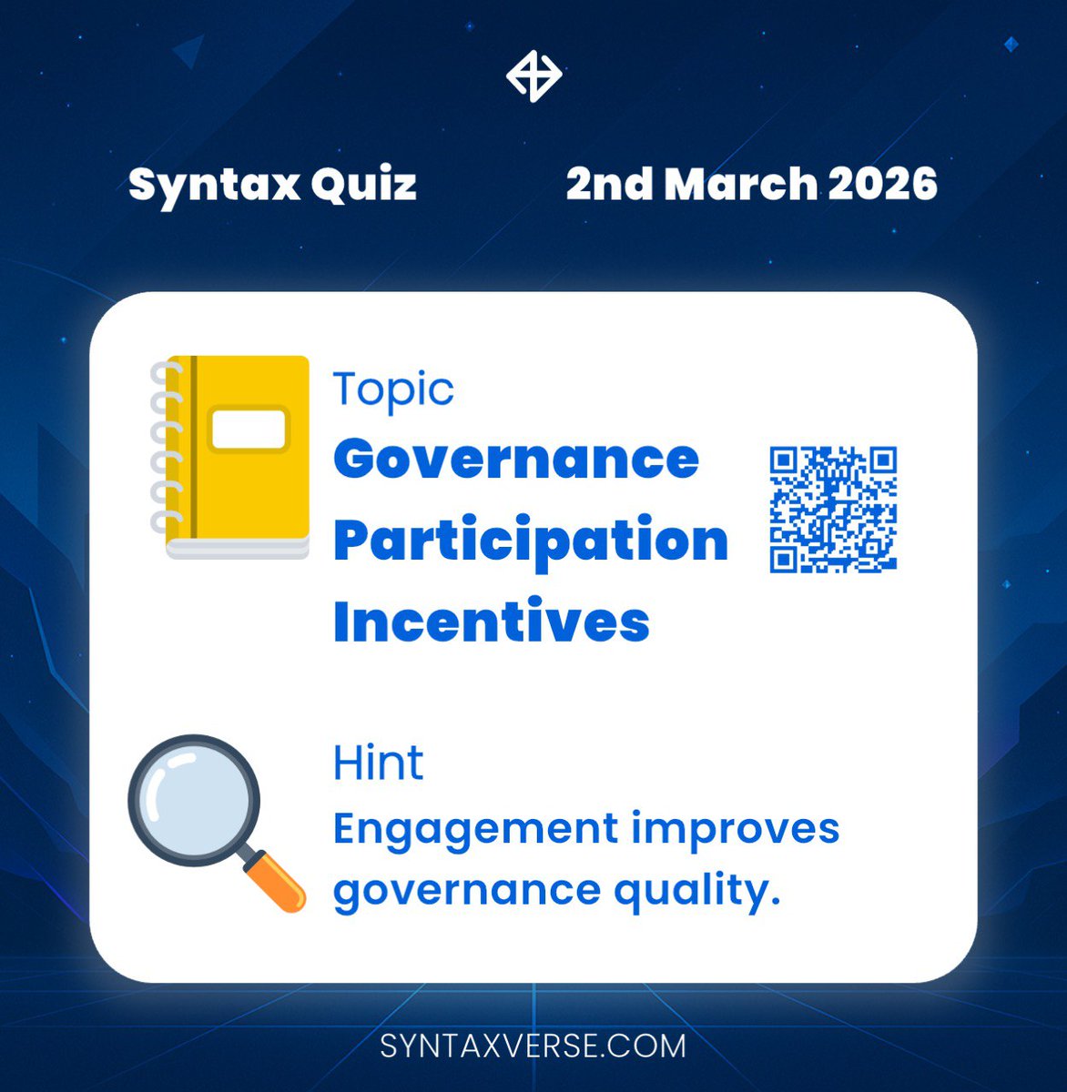 DAILY QUIZ ANSWER
    
📆 Date: 2nd March 2026
📚 Topic: Governance Participation Incentives 

🗝 Hint: Engagement improves governance quality.

Got the answer❓💭
Don’t keep it to yourself, drop it in the comments and help someone out! 

Let’s turn learning into a team sport. 🤝