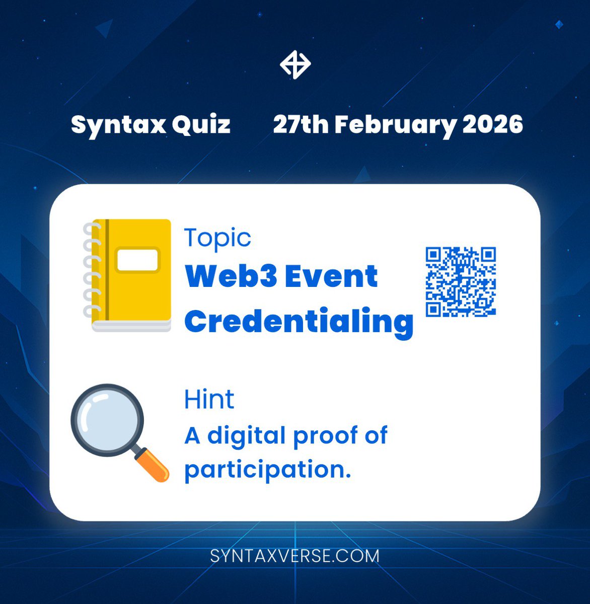 DAILY QUIZ ANSWER
    
📆 Date: 27th February 2026
📚 Topic: Web3 Event Credentialing 

🗝 Hint: A digital proof of participation.

Got the answer❓💭
Don’t keep it to yourself, drop it in the comments and help someone out! 

Let’s turn learning into a team sport. 🤝