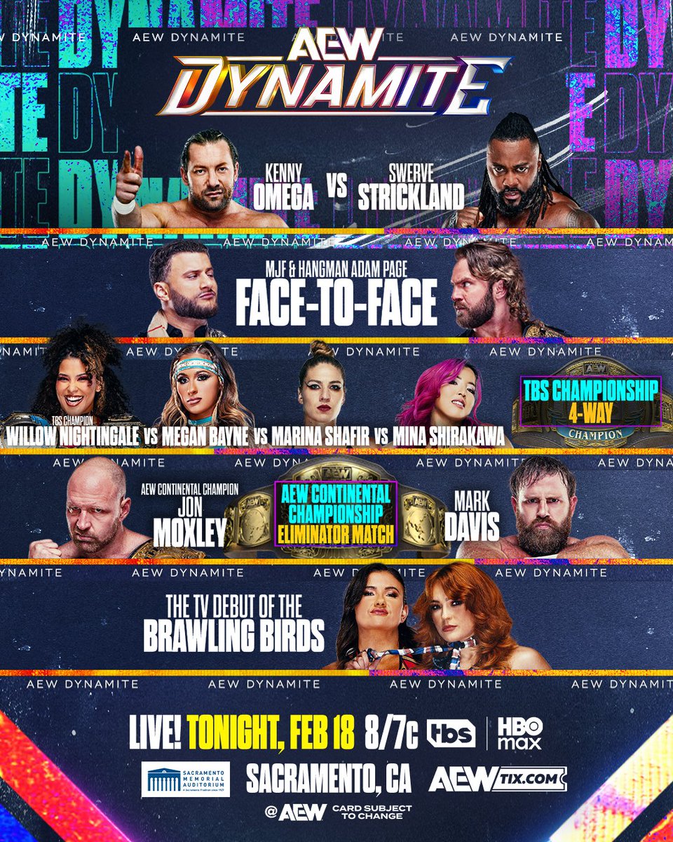 AEW's tweet image. 🚨 AT THE TOP OF THE HOUR! 🚨

It's almost time for a stacked night of AEW action!

Wednesday Night #AEWDynamite KICKS OFF at 8/7c on @TBSNetwork + @SportsOnMAX, TONIGHT!