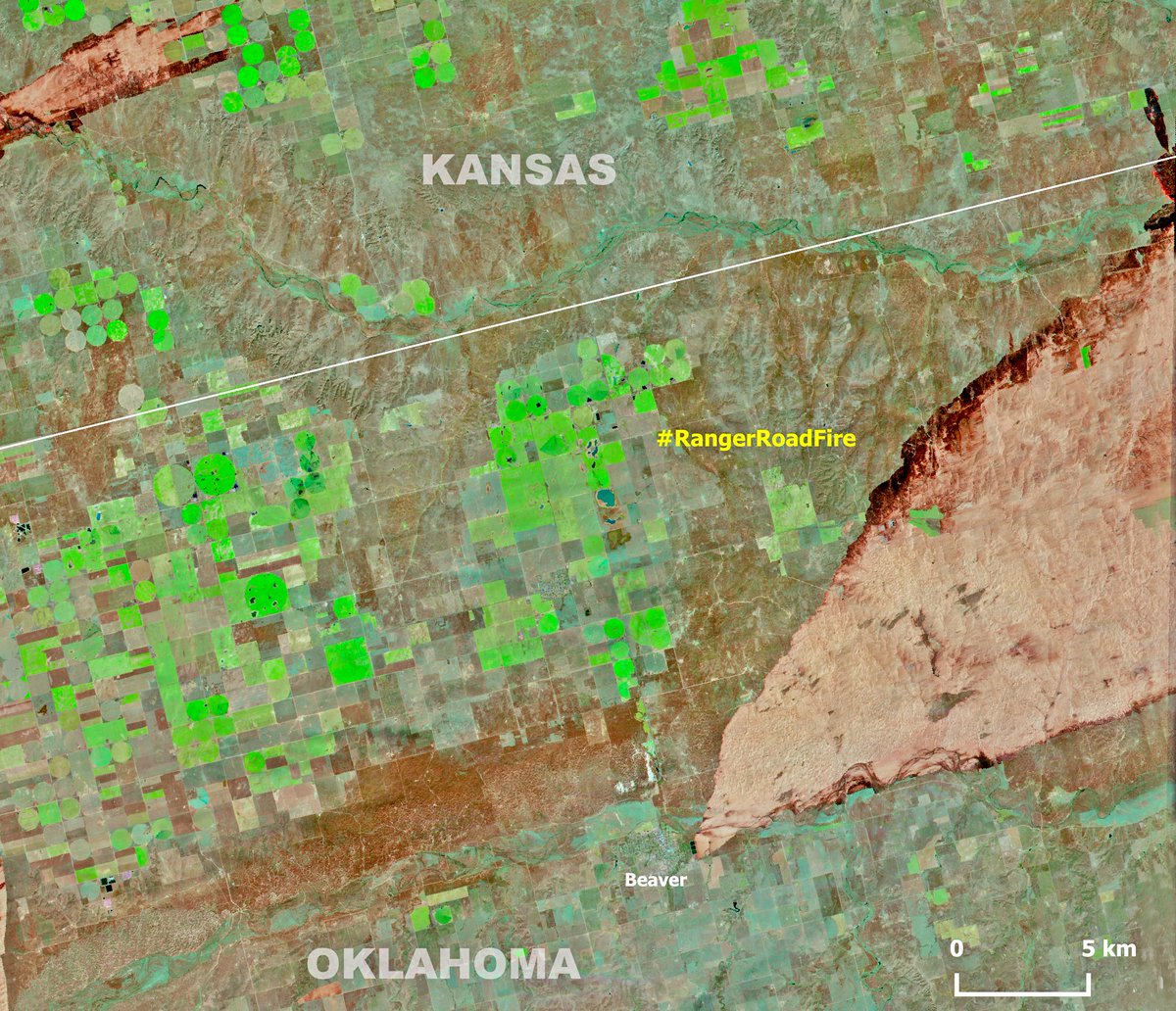 or_bit_eye's tweet photo. 🔴⚠️🔥🇺🇸After 24hrs, the #RangerRoadFire has burnt more than 280000 acres  between #Kansas and #Oklahoma.And it is still 0% contained. Here the first 🛰️view of the #wildfire by #Sentinel2 on Feb.19 with  just a portion of 25000Ha, close to #Beaver . #climateemergency #OKWx #KaWx https://t.co/D5w3nrcj9n
