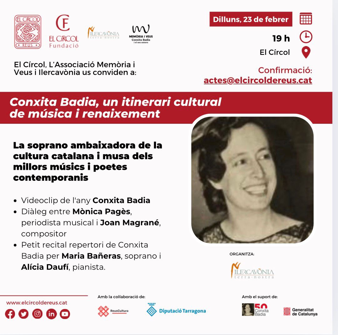 Jornada a <a href="/ElCircolReus/">El Círcol de Reus</a> en homenatge a Conxita Badia, extraordinària figura de la música i cultura catalana, en el seu 50é aniversari de la seva mort. Musa de poetes, defensora de la llibertat i mestre de grans musics que es mereix posar-la en valor cultural <a href="/ConxitaBadia/">Conxita Badia</a> <a href="/gencat/">Generalitat de Catalunya</a>