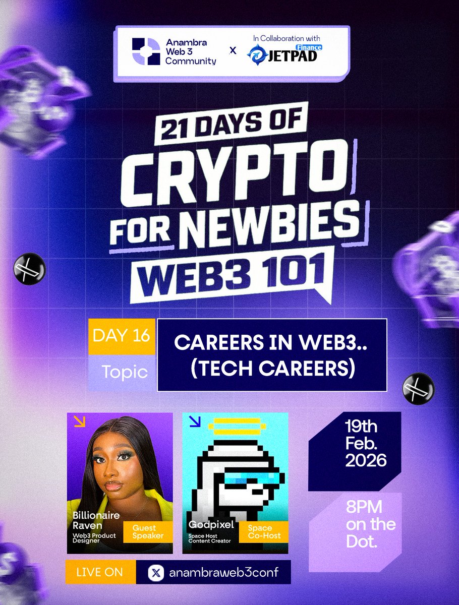 DAY 16 – 21 DAYS OF CRYPTO FOR NEWBIES (Web3 101)

📌 Topic: Technical Careers in Web3
Learn about real technical career paths in Web3 how developers, engineers, and tech specialists are building the future.

🎙 Speaker: <a href="/BilionaireRaven/">Raven</a> 
🎤 Co-host: <a href="/GODPIXELthereal/">Godpixel (godpixel.base.eth)</a> 

⏰ Time: