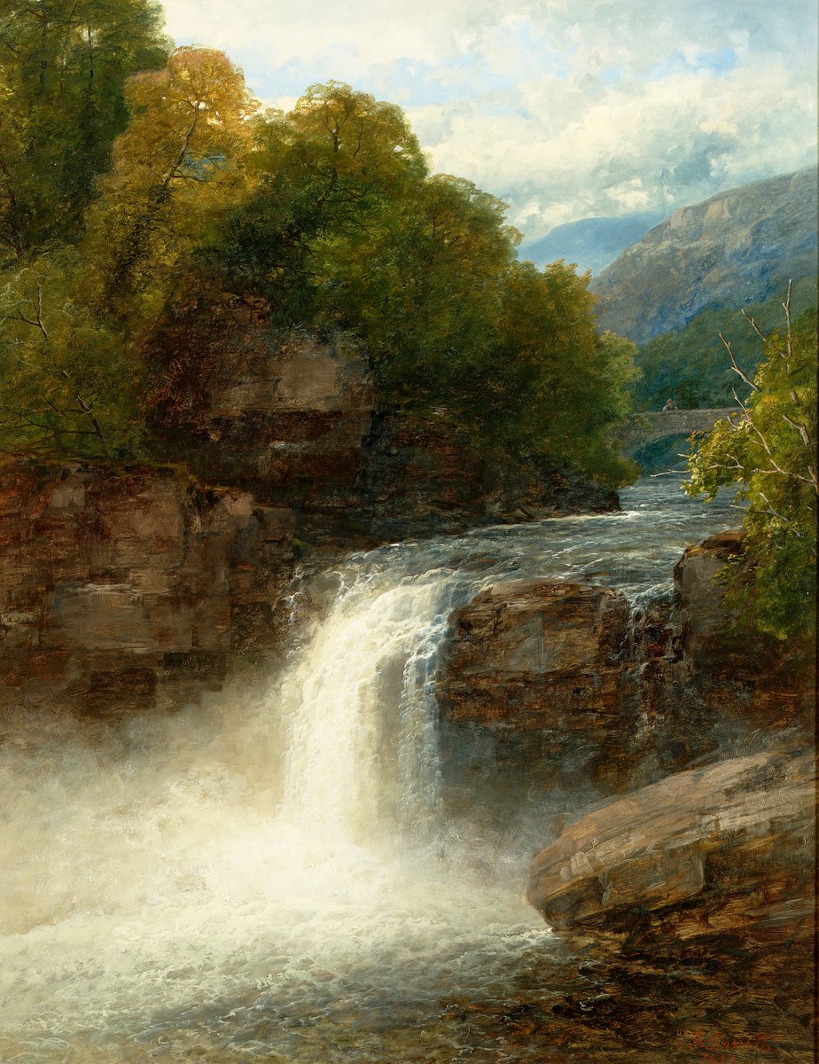 DailyClassicArt's tweet image. John Brandon Smith - "A figure on a bridge overlooking a waterfall"