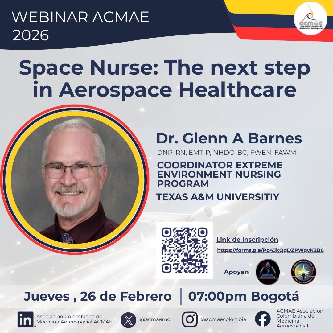 Actualización Aeromédica de Febrero:“SPACE NURSE: THE NEXT STEP IN AEROSPACE HEALTHCARE”
🗓 Jueves, 26 de febrero de 2026
⏰ 7:00 p.m. Bogotá 
💻 Modalidad: Virtual  
Enlace de preinscripción: forms.gle/Po4JkQqDZPWqvK…
Enlace de la videollamada: meet.google.com/mjt-kmcr-aka