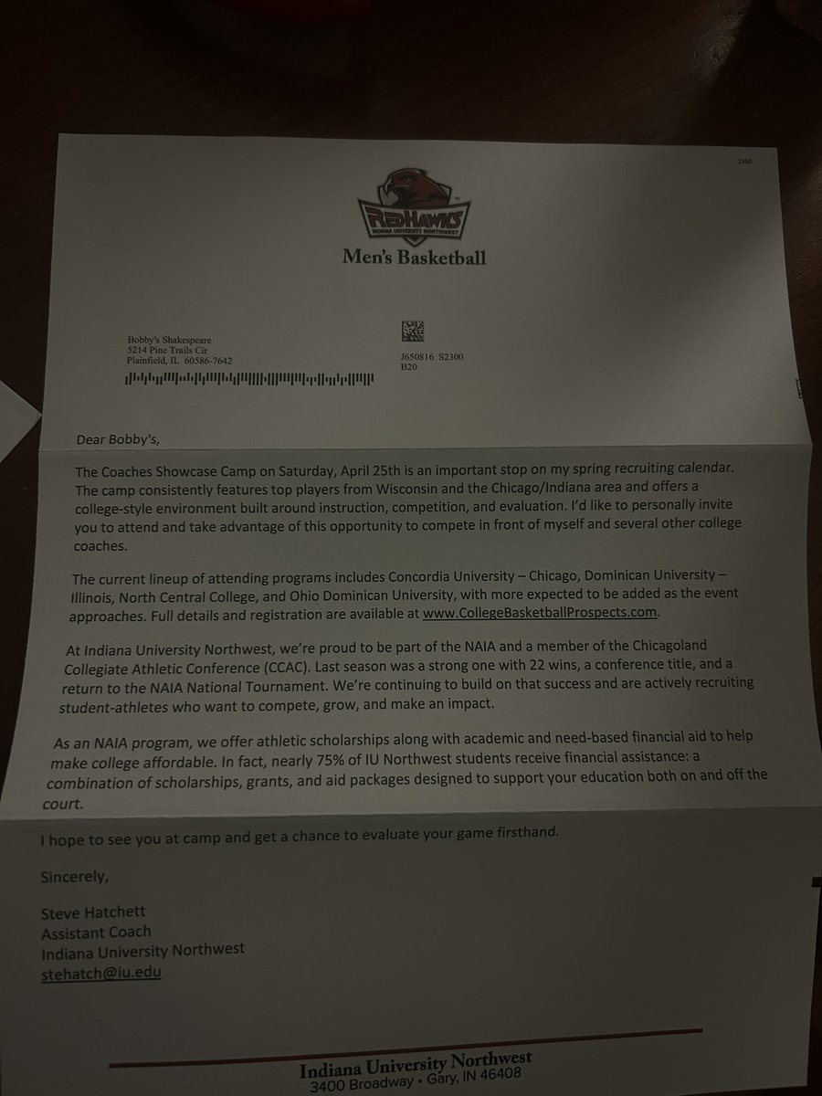 bshakespeare3_'s tweet photo. Thanks to the Coaches at Indiana University Northwest who took their time to send me this Camp information and a personal invite from Coach Hattchet!! #RollRedHawks https://t.co/yjFH0p4WSS