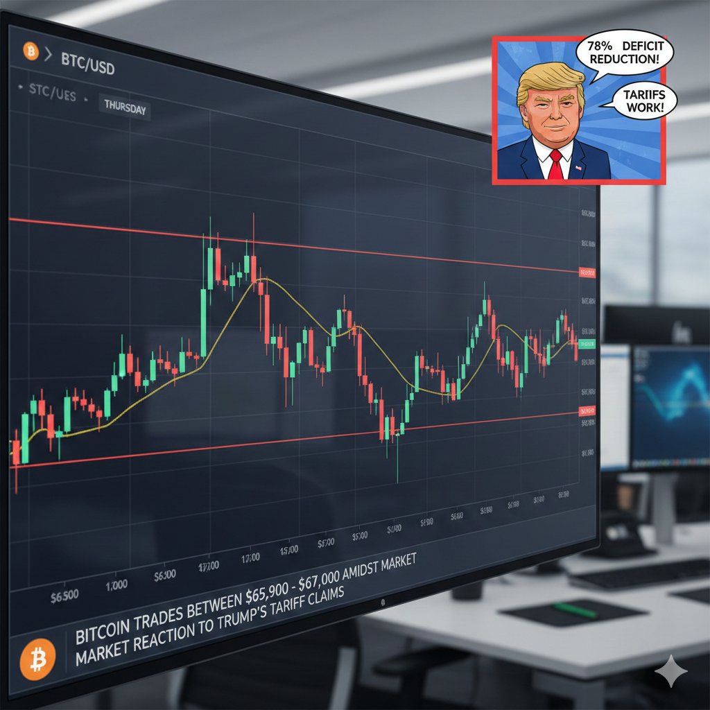 Vardhanxo's tweet photo. Bitcoin traded between roughly $65,900 and $67,000 on Thursday following former President Trump's claim of a 78% reduction in the U.S. trade deficit due to tariffs.#Bitcoin #BTC #CryptoNews #USTradeDeficit #Tariffs https://t.co/qRDkNdXmrw