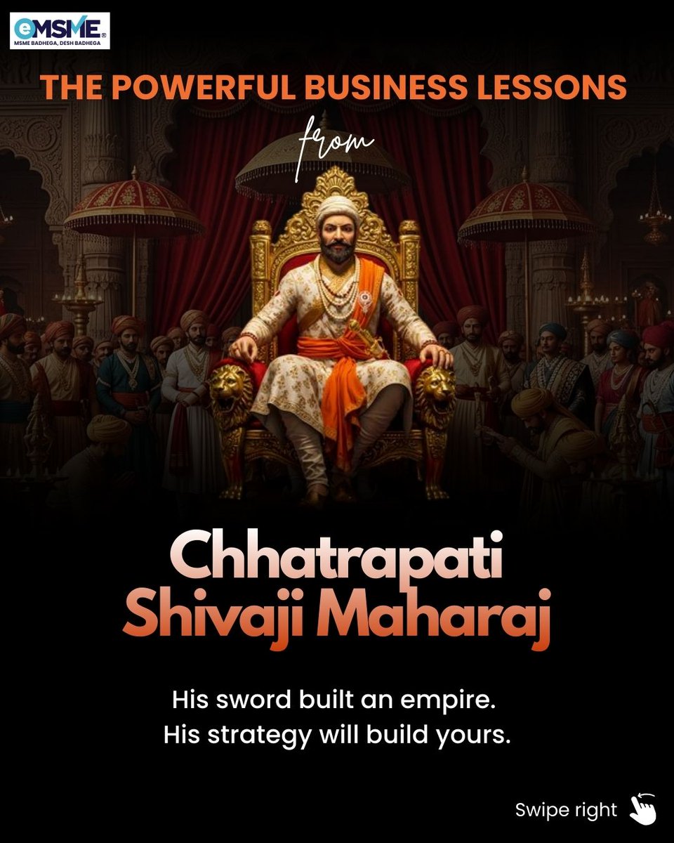 AJVAeMSME's tweet photo. On this day, a king was born who proved vision beats everything.

Chhatrapati Shivaji Maharaj built an empire from one fort with zero funding, just belief and strategy.

7 business lessons every MSME founder needs 👇

Shiv Jayantichya Hardik shubhechha! 🚩

#ShivJayanti #eMSME https://t.co/okVrJMlfGD