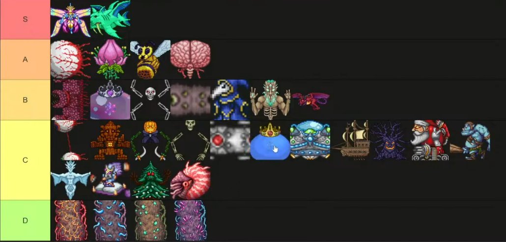 ShitpostRock's tweet image. Recently finally finished all the bosses in Terraria and this is my OBJECTIVE tier list of all the bosses