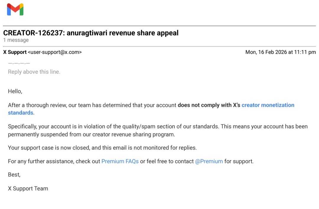 anuragtiwari's tweet image. मेरा X Revenue Sharing हमेशा के लिए Pause कर दिया गया है।💔